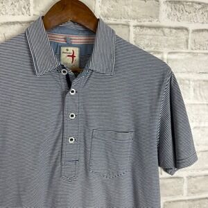 Relwen Mens Blue White Striped Short Sleeve Cotton Polo Shirt Small Pocket FLAW